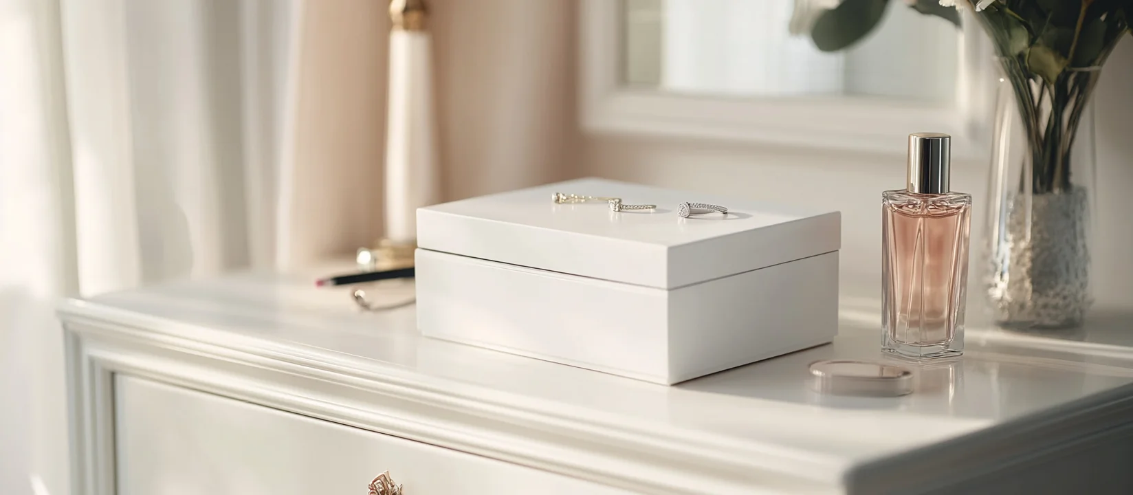 A white square jewelry box with a necklace on top, next to perfume and makeup brushes.